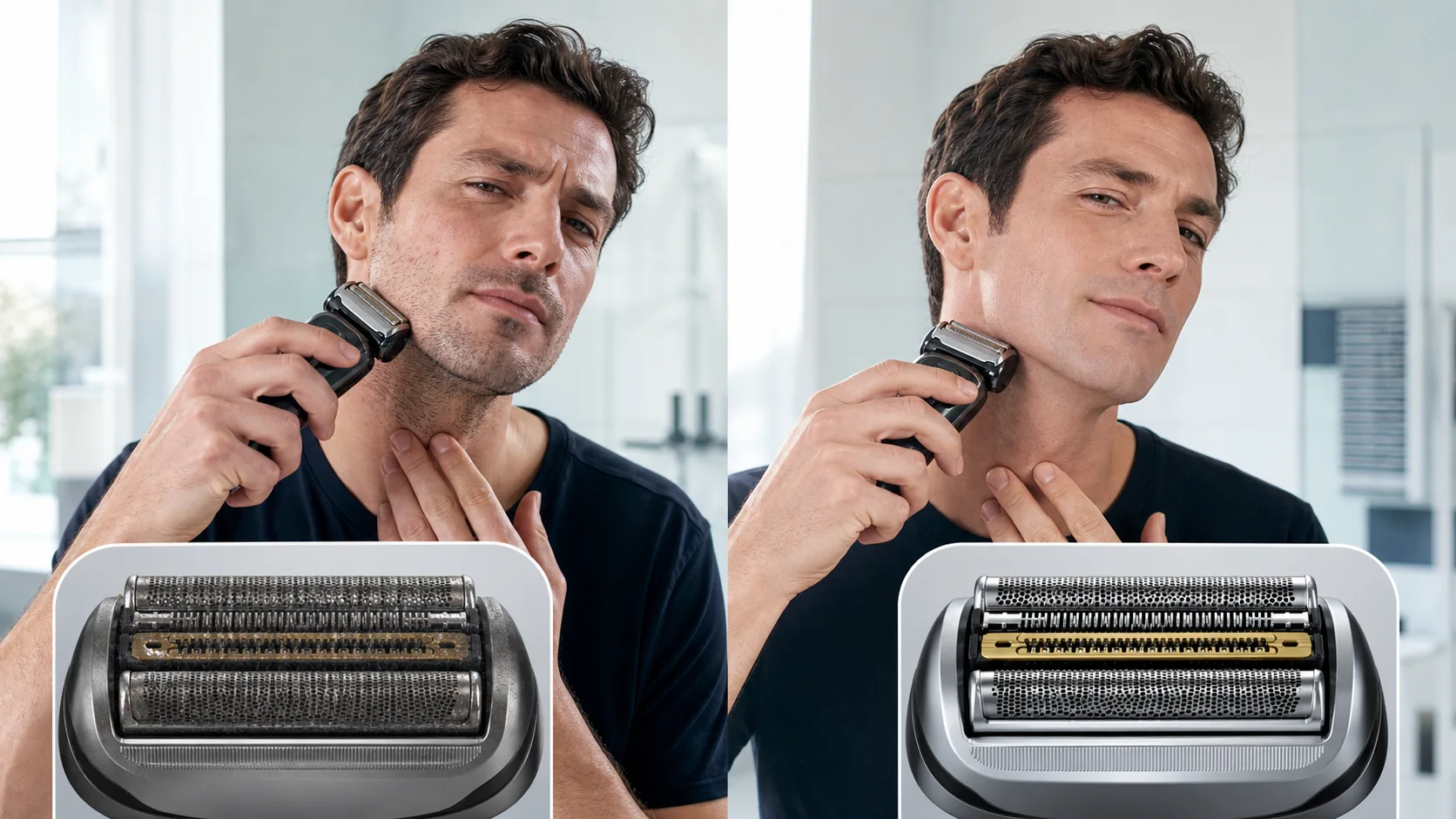 A man comparing a worn and fresh Braun Series 9 style replacement shaving cassette