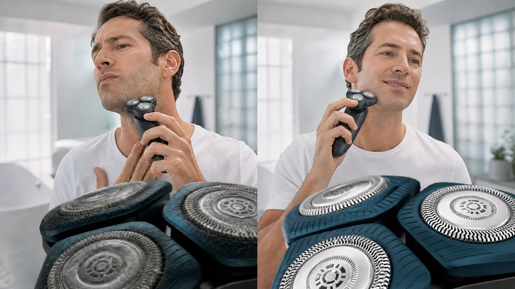 A man comparing worn and fresh Philips SH71 style rotary shaving heads