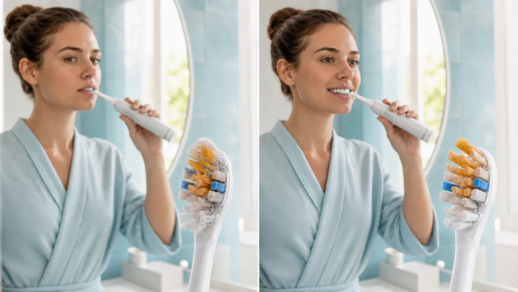 A woman comparing a worn and fresh Philips Sonicare A3 style electric toothbrush head